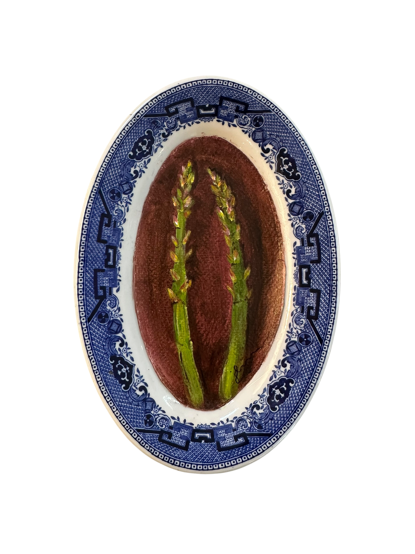 Jenn Leverett Art - Asparagus on Blue Willow Oval