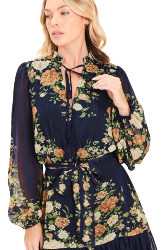 Navy Floral Long Sleeve Maxi
