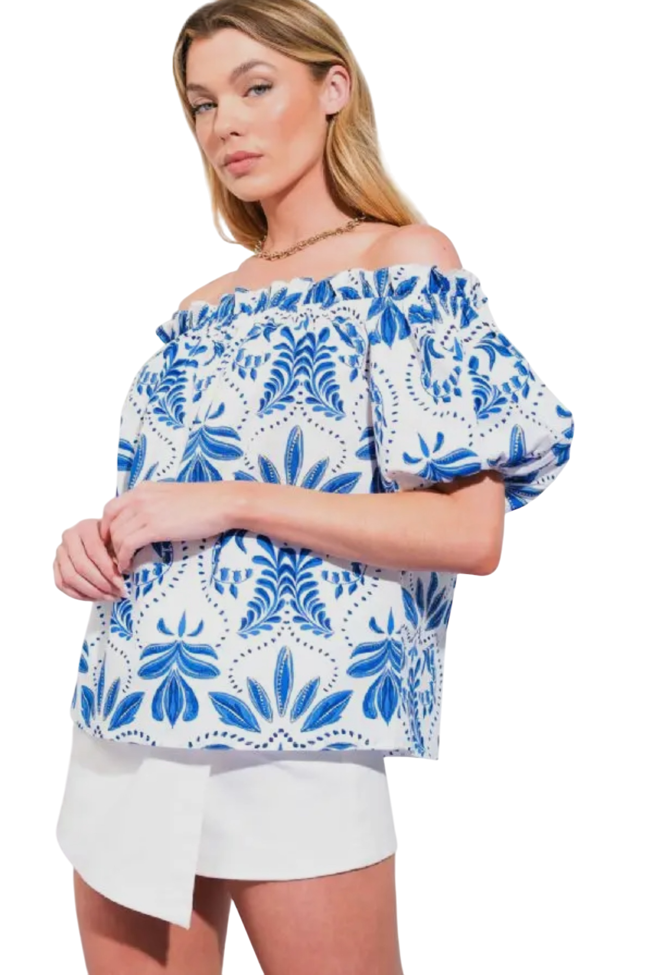 Palms Off Shoulder Top in Blue & White