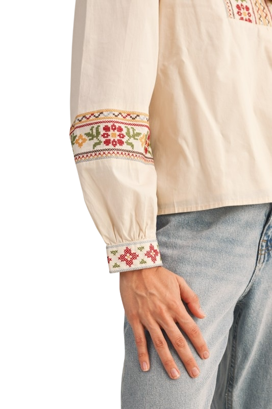 Floral Cross Stitch Puff Sleeve Top