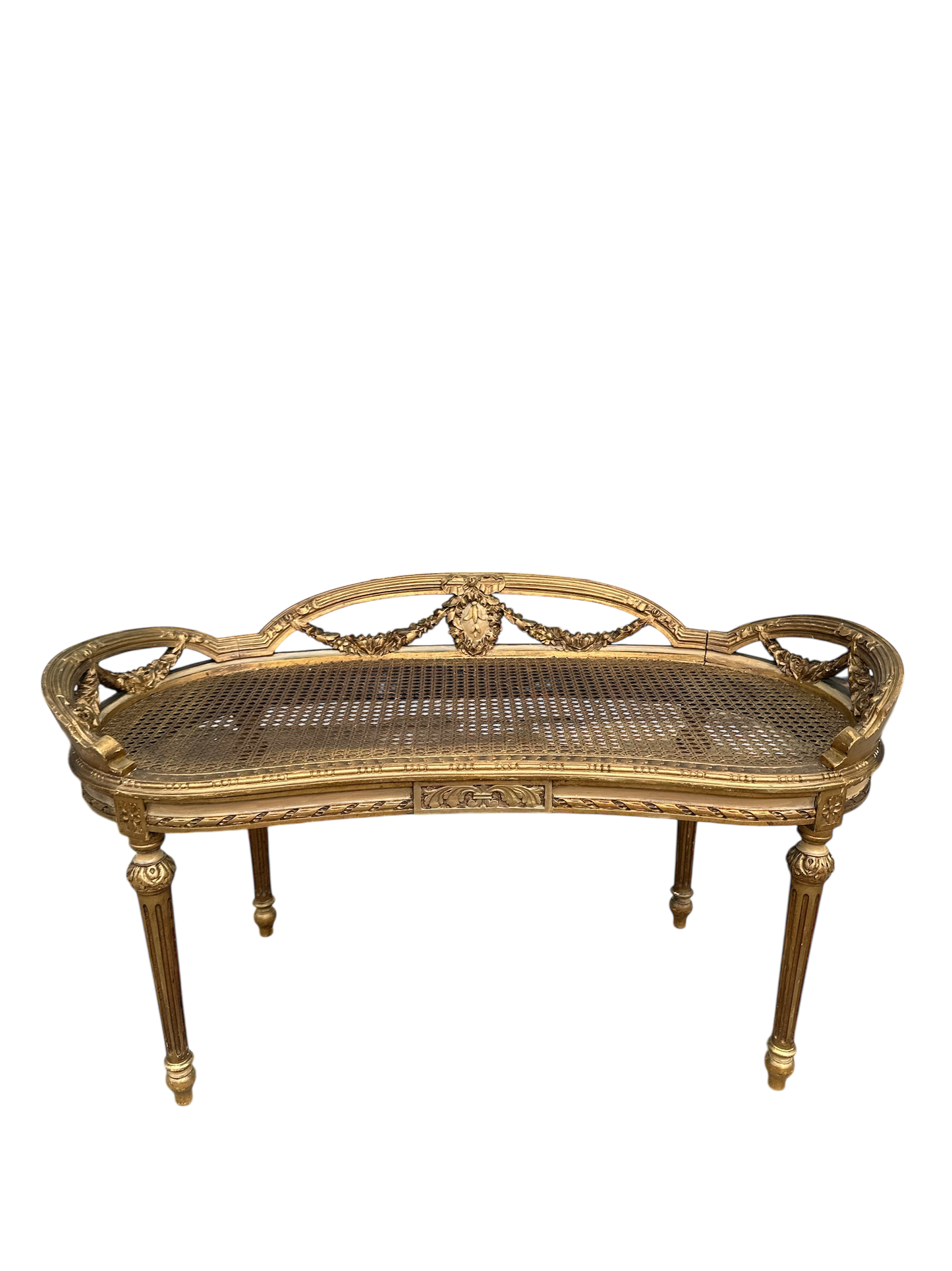 Gilt Cane Kidney Shaped Settee 40”L x 18”D x 22”H