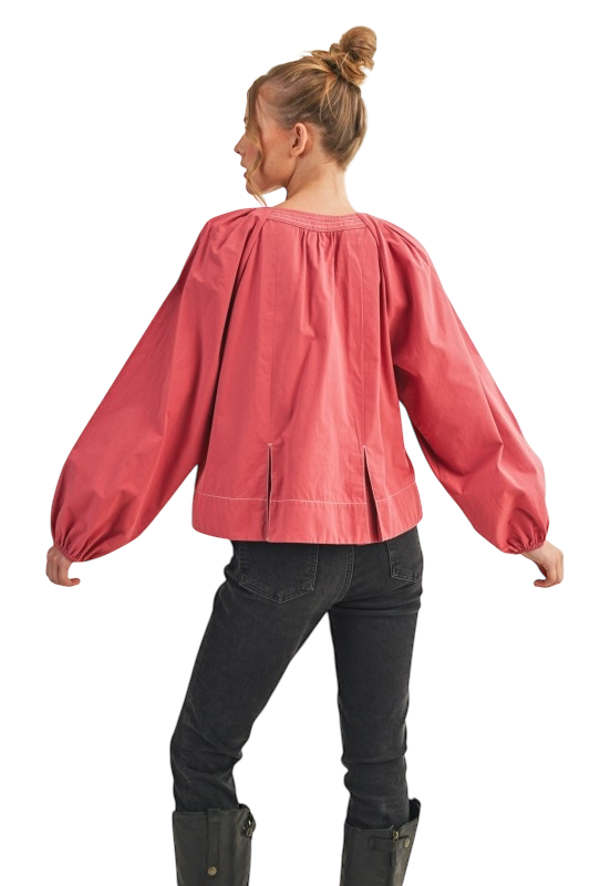 Contrast Stitch Pleated Blouse - Mauve