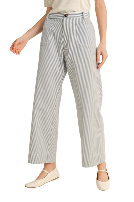 Blue Striped Wide Leg Pants - Patch Pocket