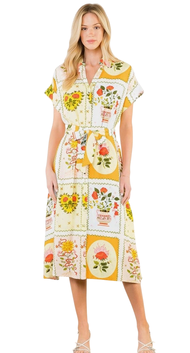Floral Tiles Midi w/ Tie Waist