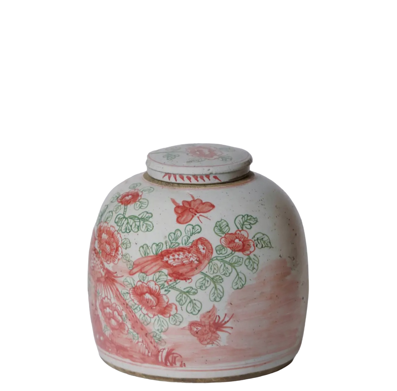 Pink and Green Rustic Bird and Flower Lidded Jar