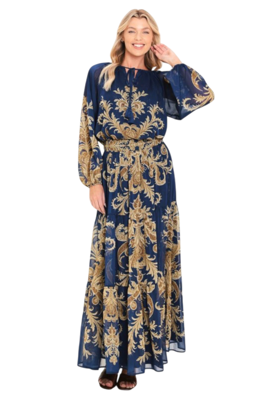Navy & Brown Tie Front Blouse