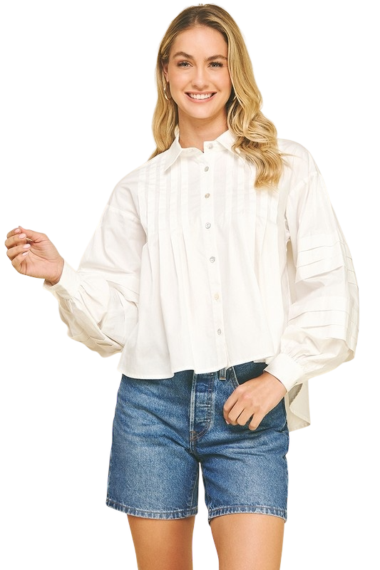 Pleated Button Down Shirt - 3 Colors!