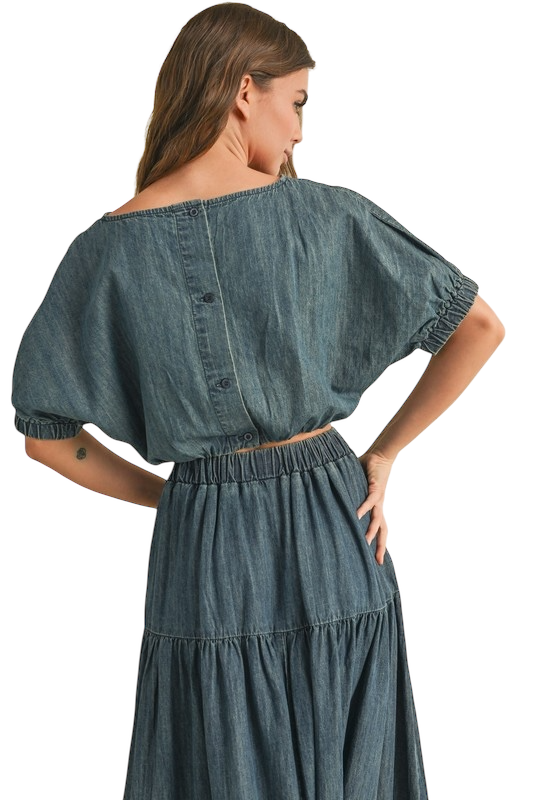 Short Sleeve Balloon Denim Top