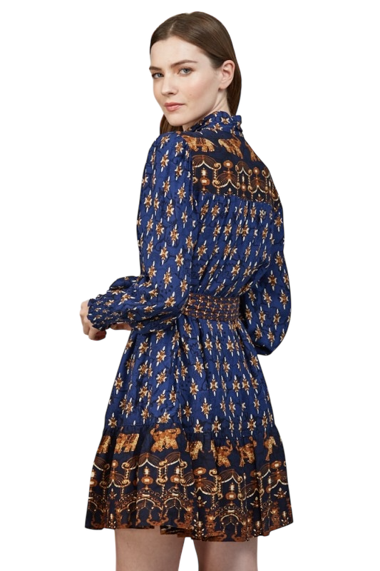 High Neck Collar Band Mini Ruffled Dress