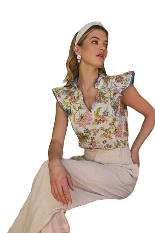 Contrast Trim Multicolor Floral Top
