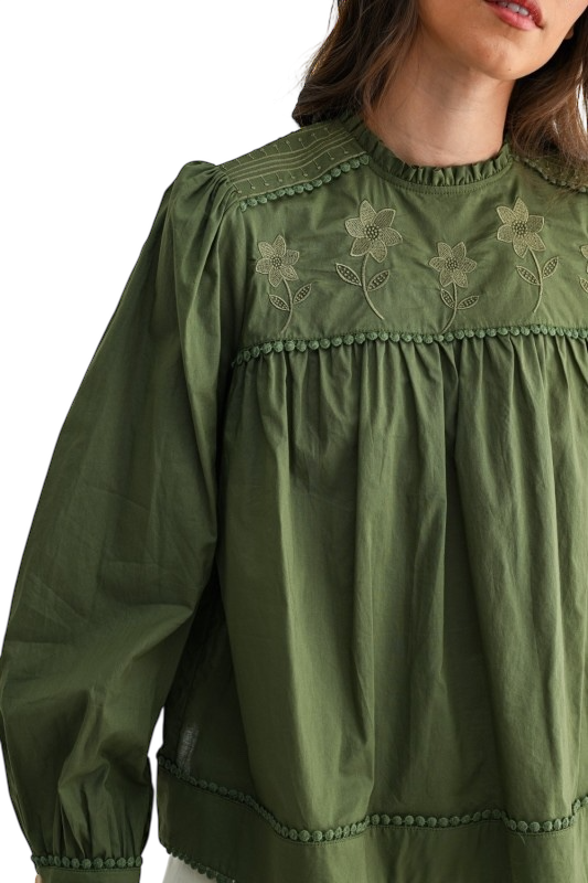 Embroidered Olive Puff Sleeve Blouse