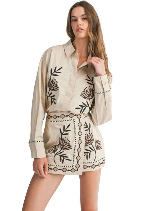 Embroidered Shirt & Mini Skirt Set