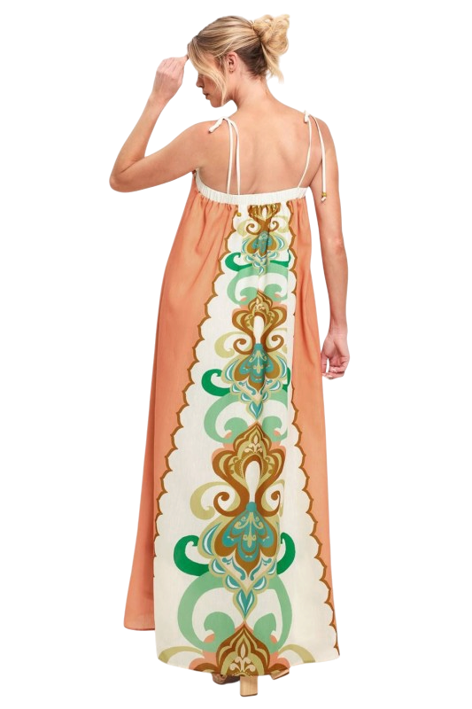 Green & Coral Ikat Print Maxi