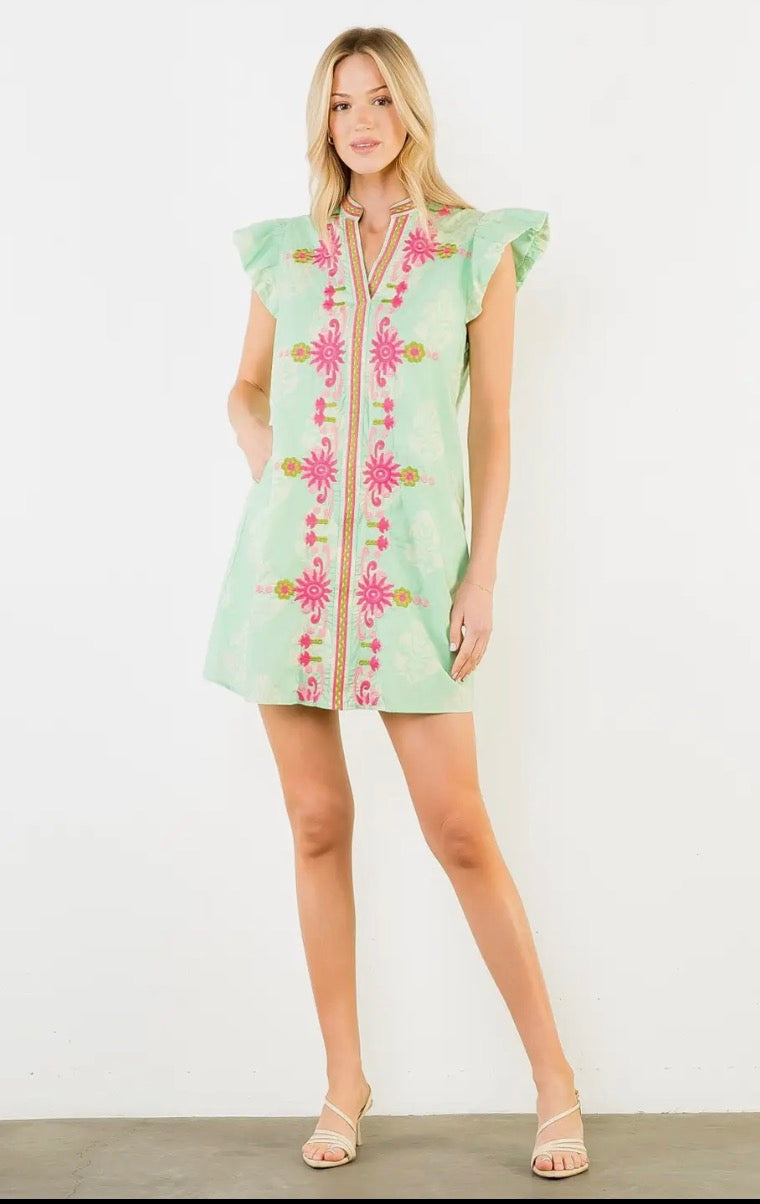 Flutter Sleeve Floral Embroidery Dress