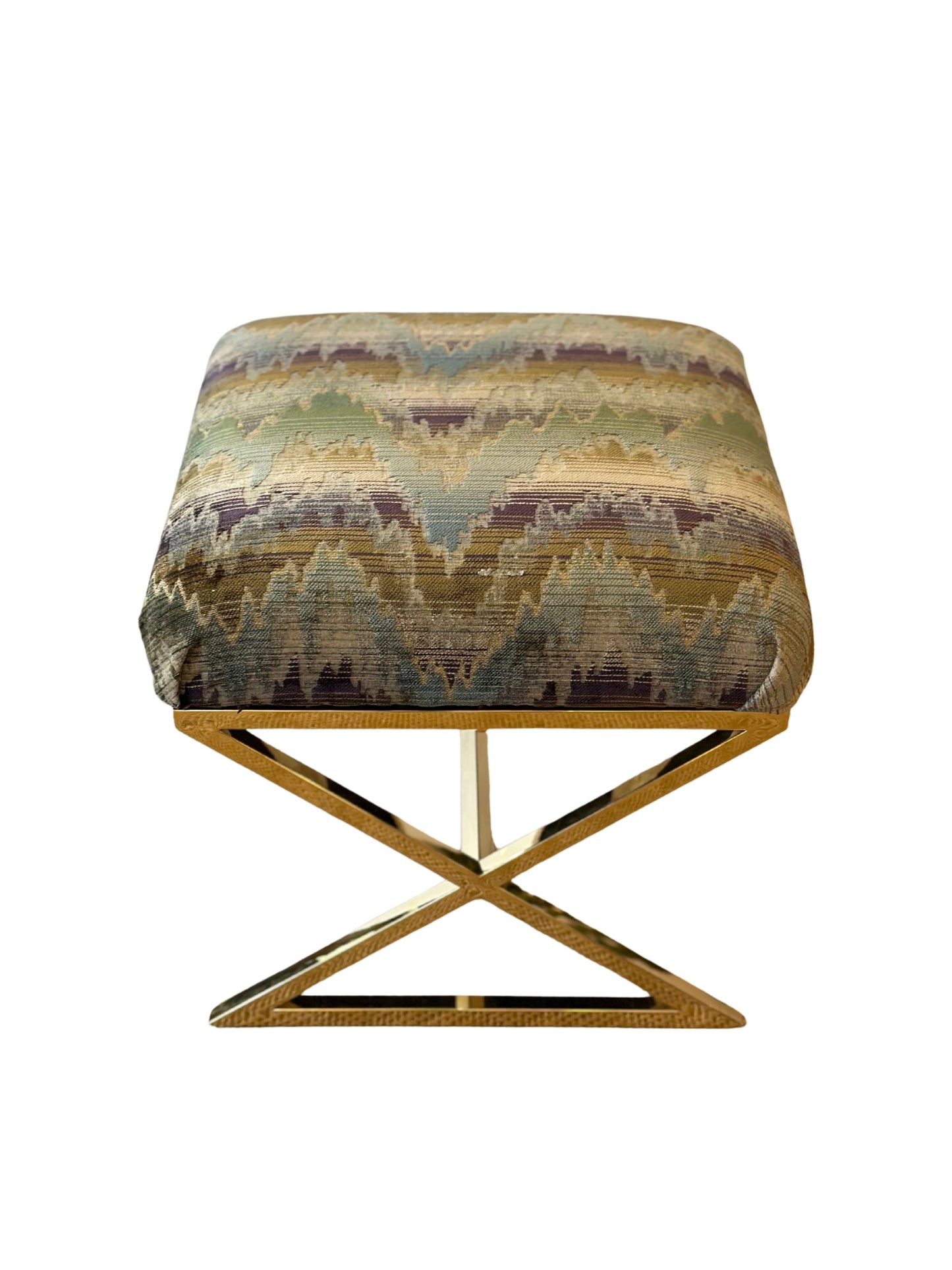 Brass X Ottoman in Schumacher Carpenter Flamestitch (Moss)