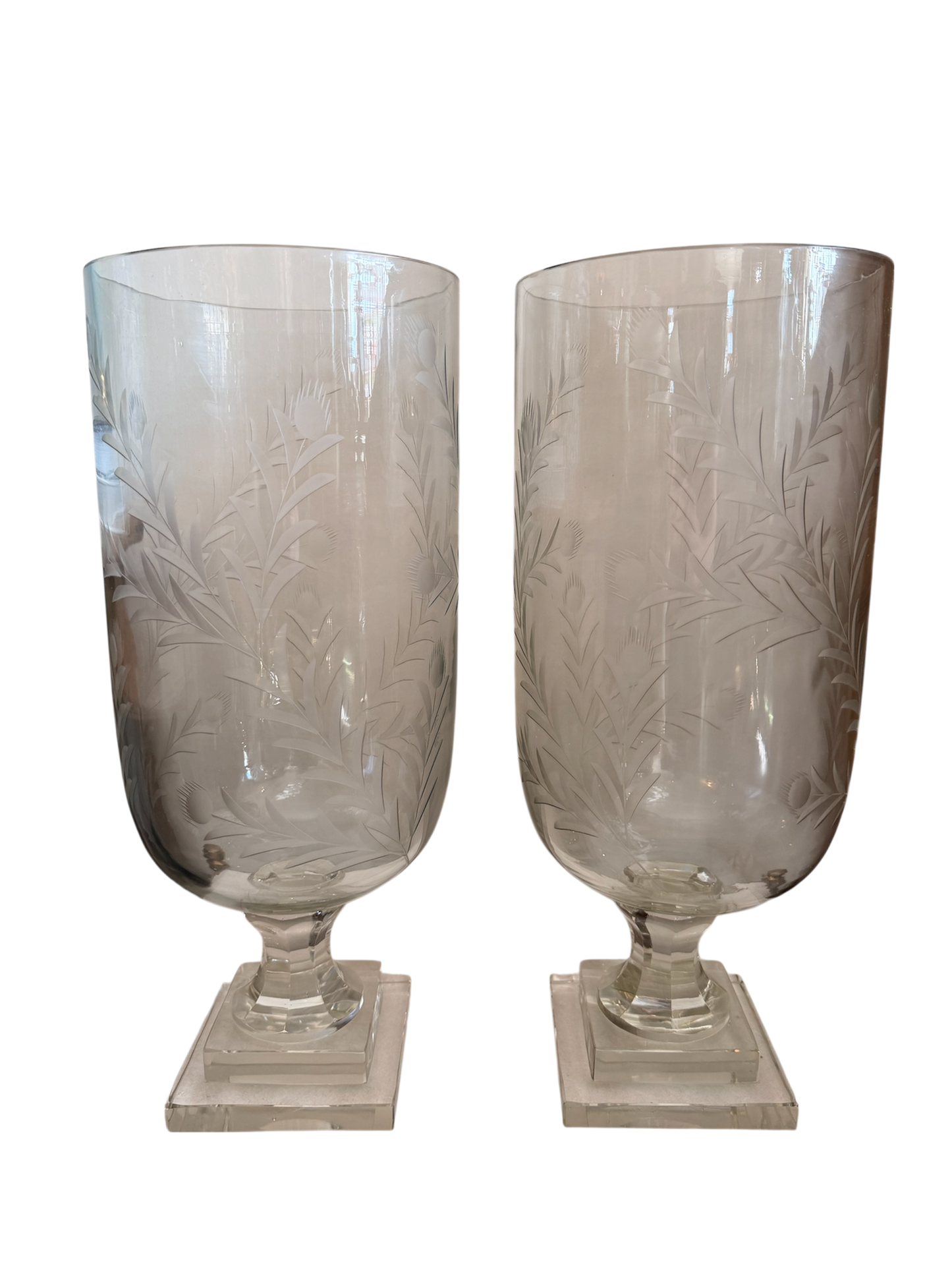 Pair of Grande Vine Etched Hurricanes