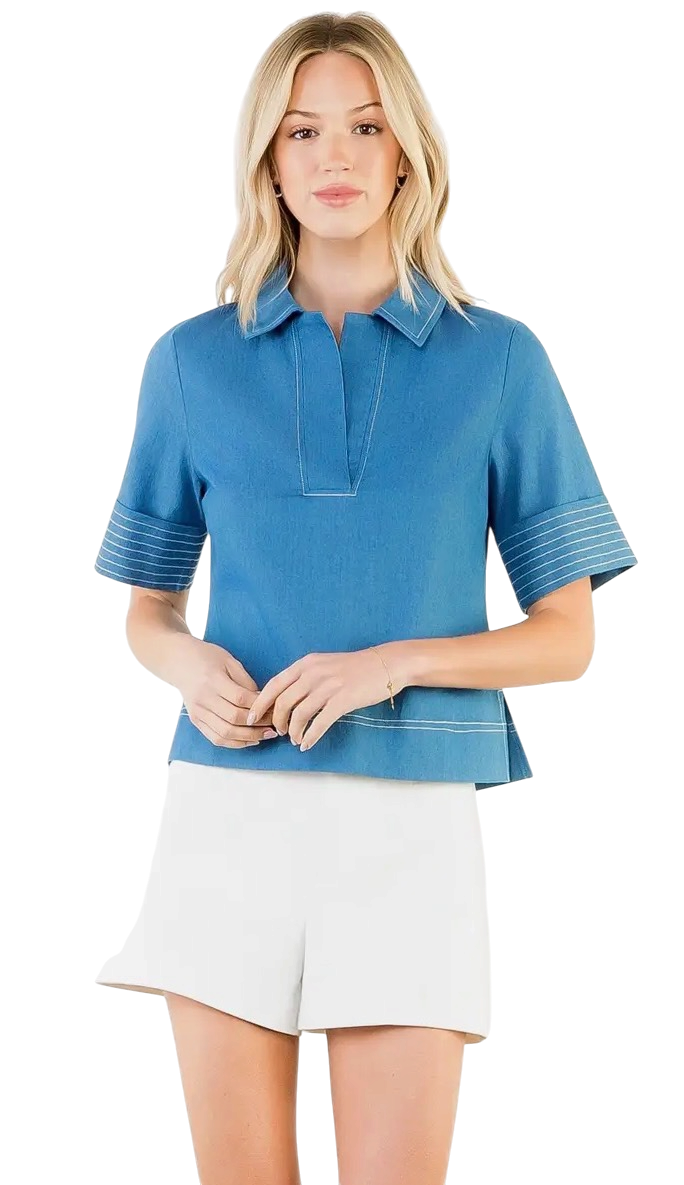 Blue Collared V Neck Top