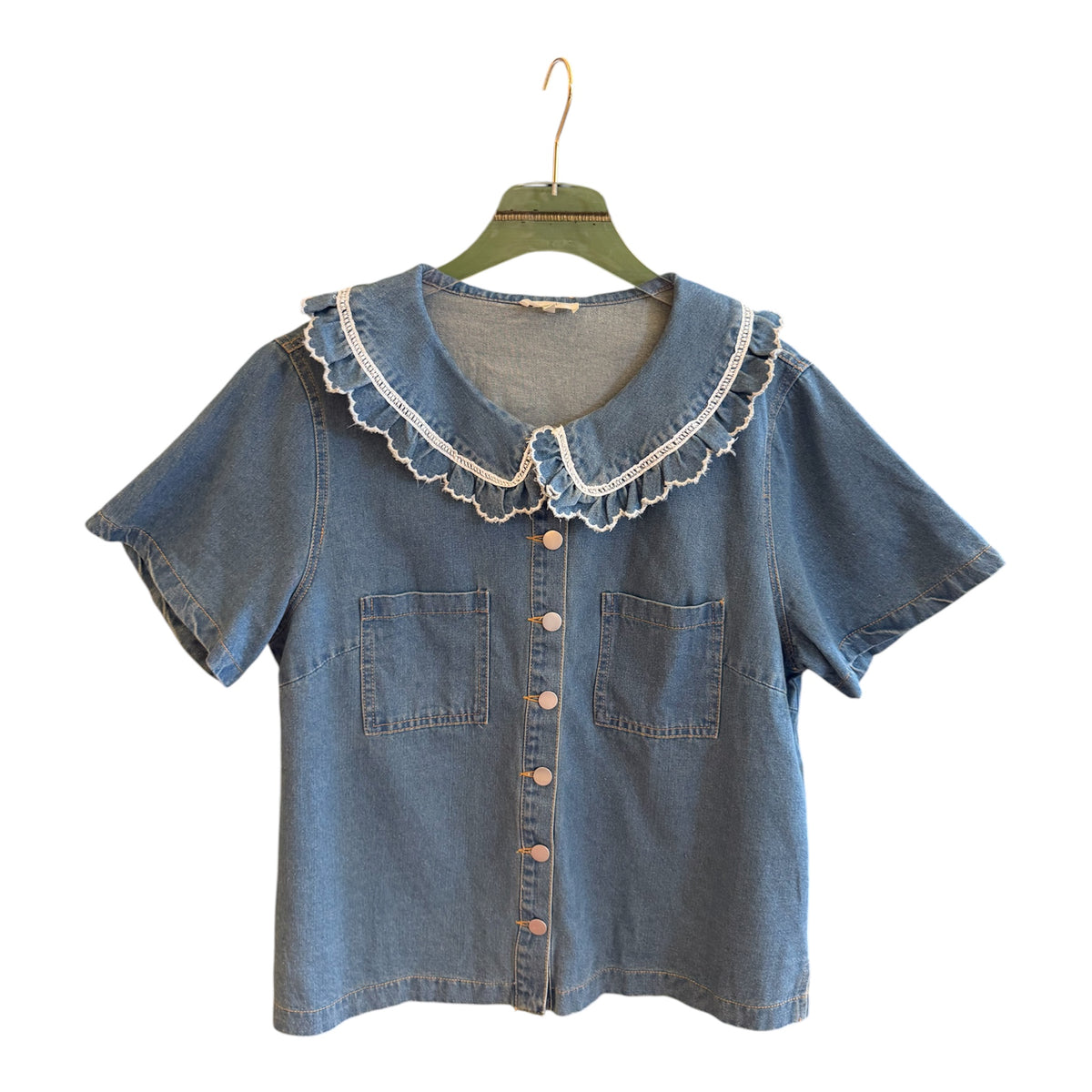 Denim Top With Ruffle Collar