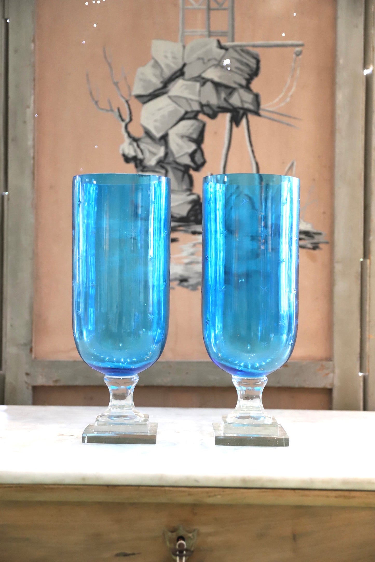 Pair of Star Etched Glass Hurricanes