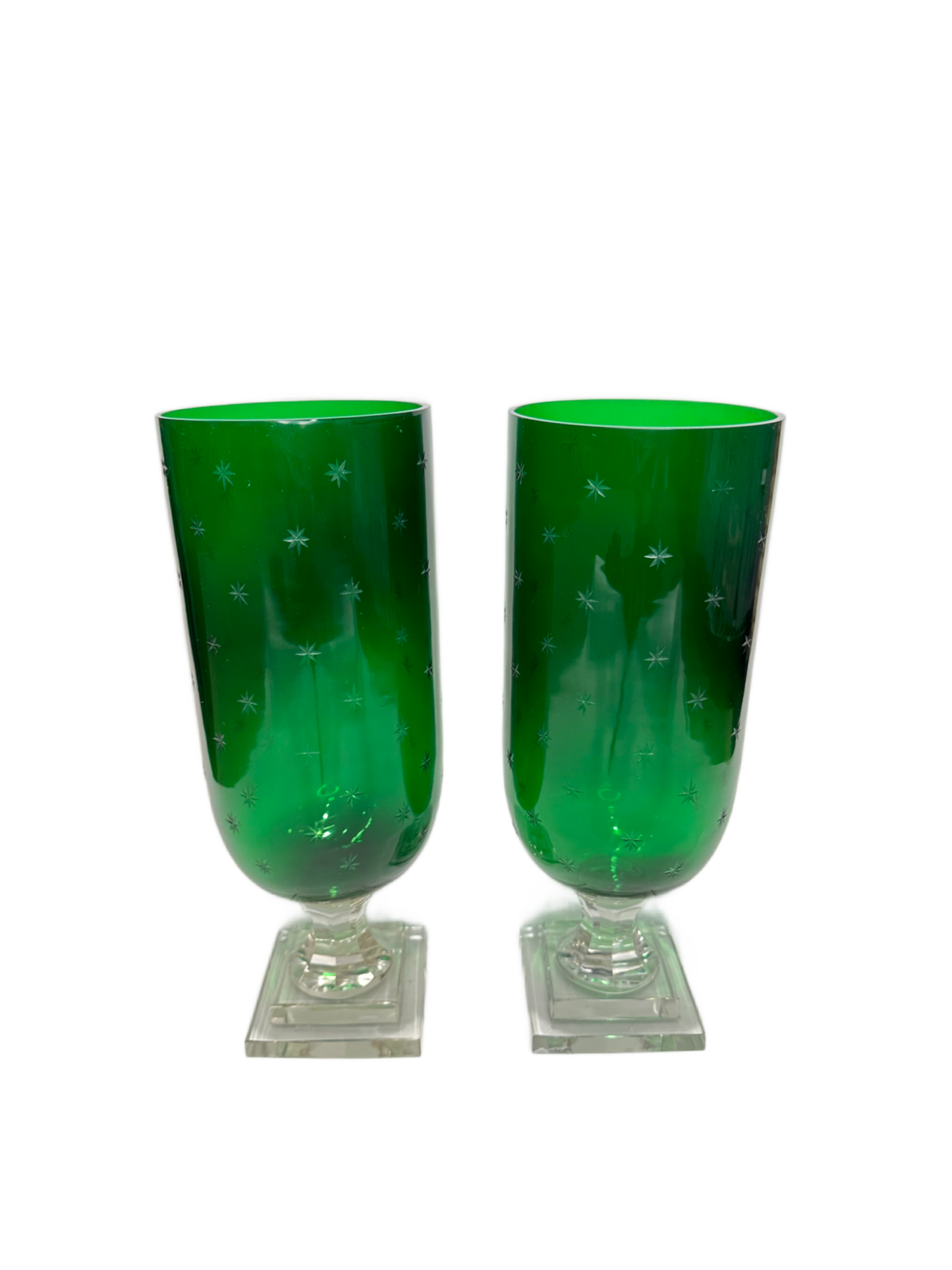 Pair of Star Etched Glass Hurricanes