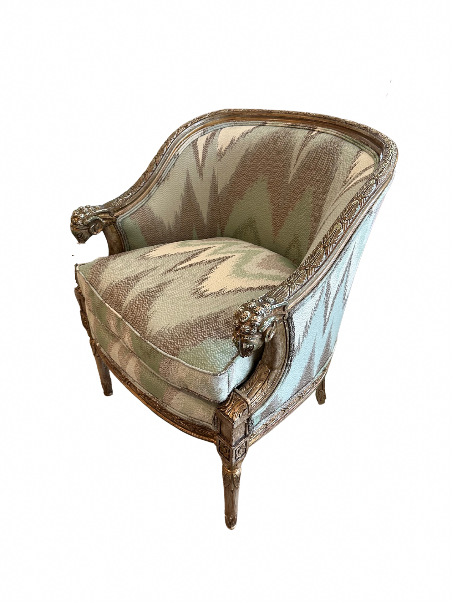 Pair of Giltwood Bergères in Schumacher Bargello