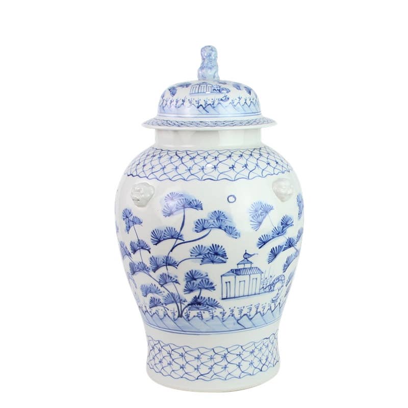 Pale Blue and White Village Scene Ginger Jar