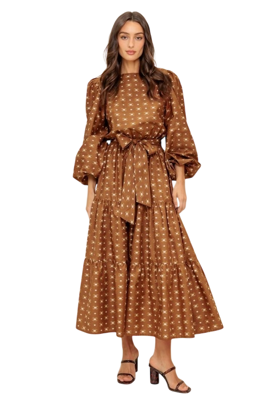 Cami Belted Satin Dress in Brown & Ivory