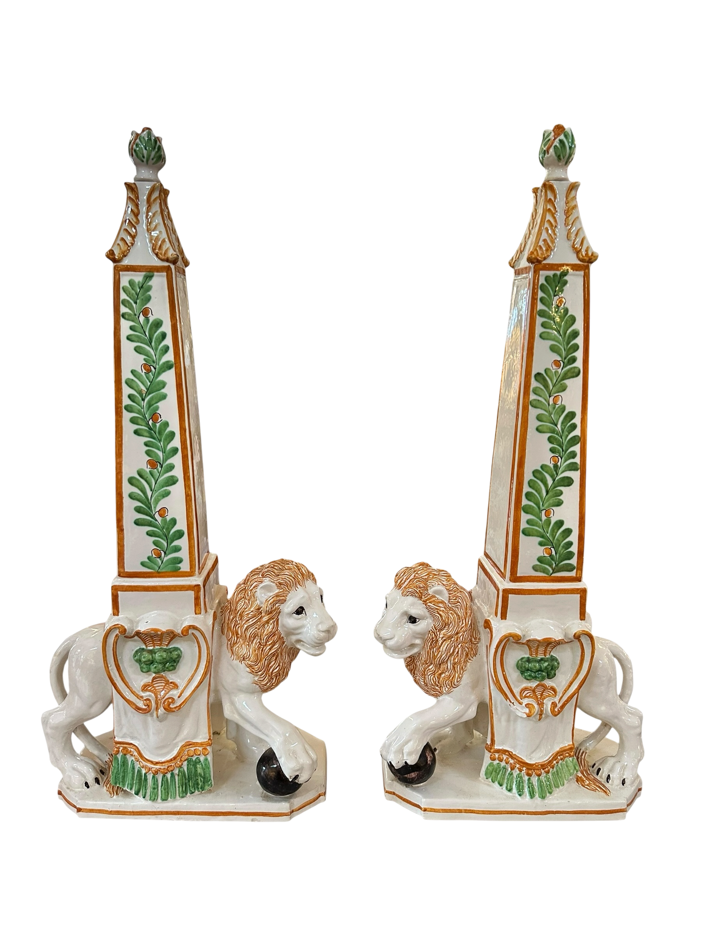 Pair of Italian Majolica Lion Obelisks