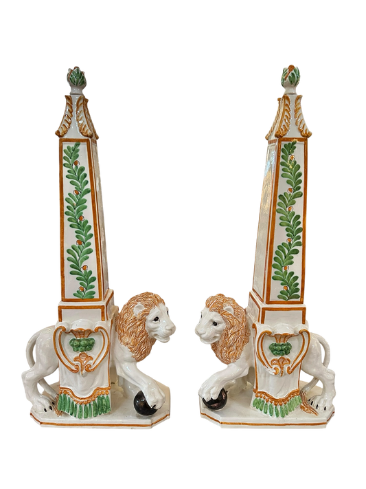 Pair of Italian Majolica Lion Obelisks
