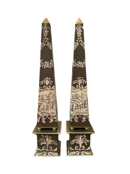 Pair of Hand-Painted Toile Obelisks