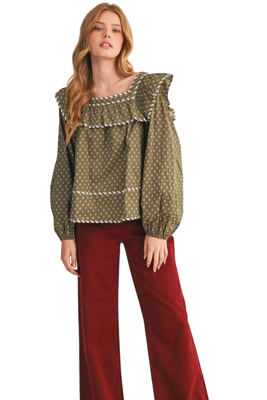 Ruffled Yoke Long Sleeve Top in Olive