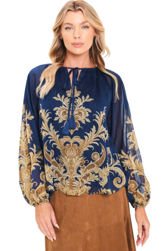 Navy & Brown Tie Front Blouse