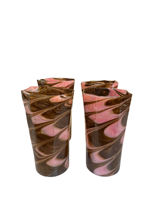 Set of 4 Tall Brown/Pink Marbled Octagonal Twist Glasses