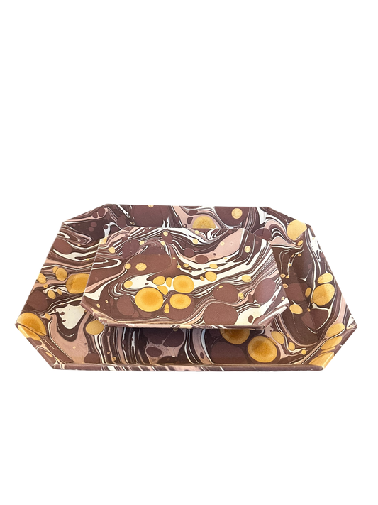 Marbled Octagonal Tray Set - Burgundy Pebble