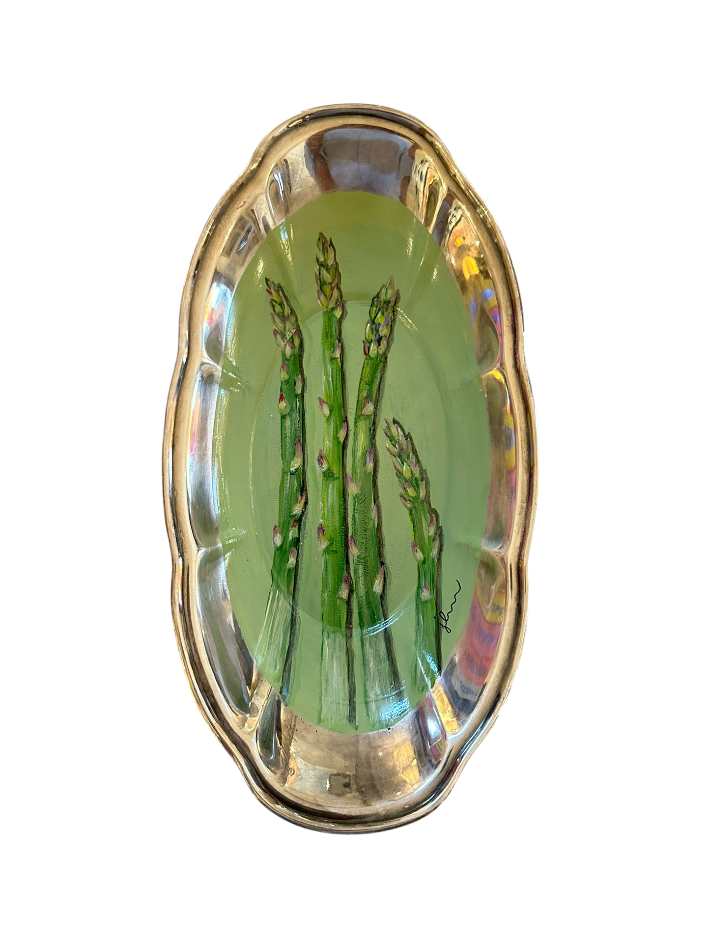 Jenn Leverett Art - Green Asparagus on Silver Oval