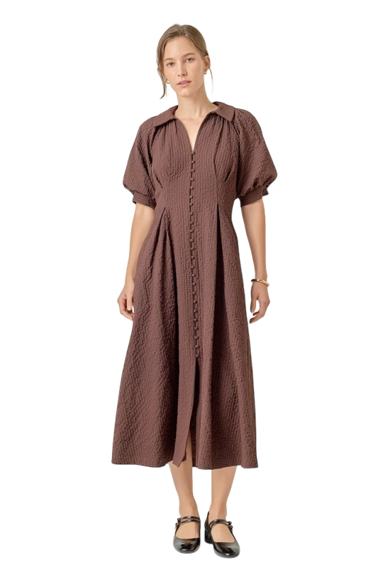Brown Textured Shirt Midi Dress