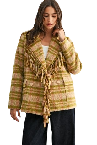 Plaid Fringe Detail Wool Blend Jacket