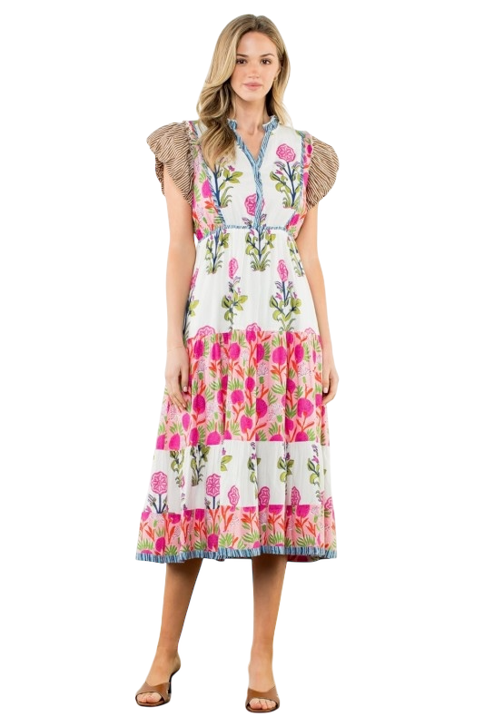 Flutter Sleeve Tiered Floral Midi Dress