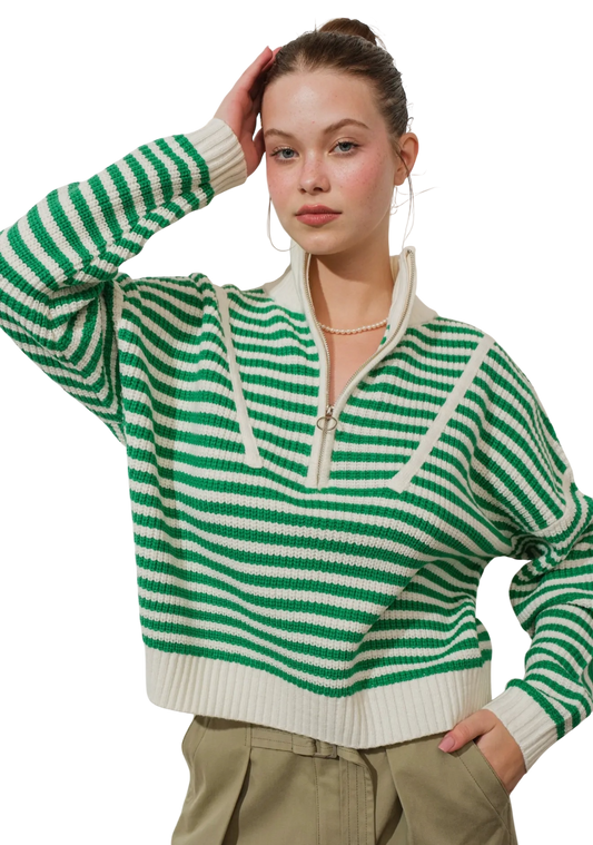 Half Zip Striped Sweater - Two Colors!