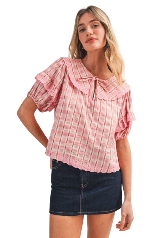 Floral Gingham Collar Top - Pink