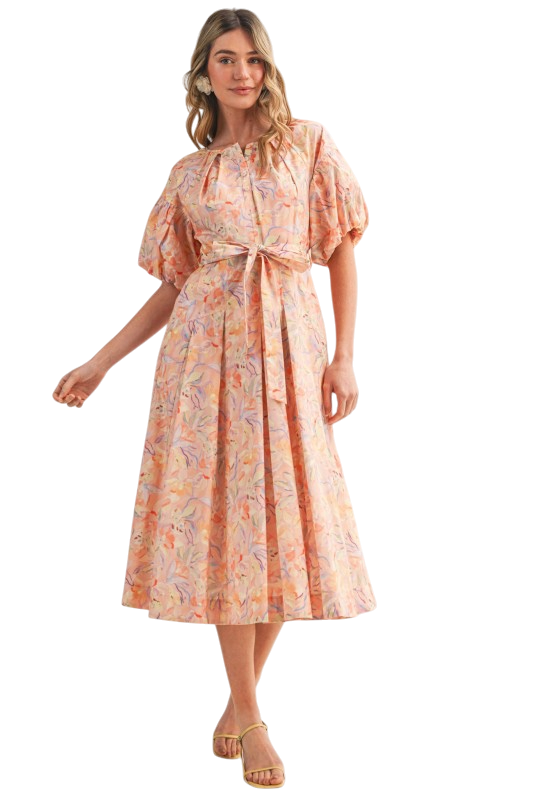 Floral Puff Sleeve Belted Midi - Peach