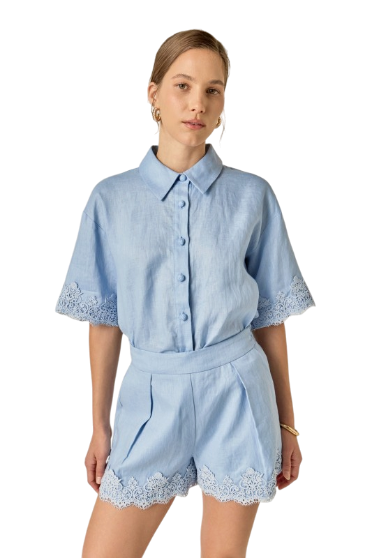 Linen Lace Shirt - Powder Blue