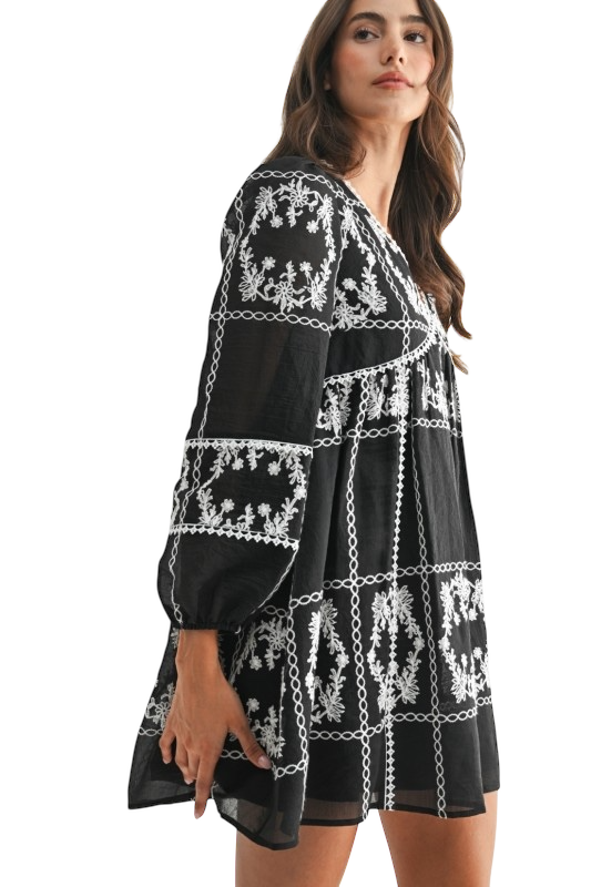 Embroidered Long Sleeve Mini Dress