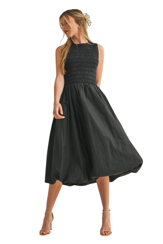 Smocked Bubble Hem Midi in Black
