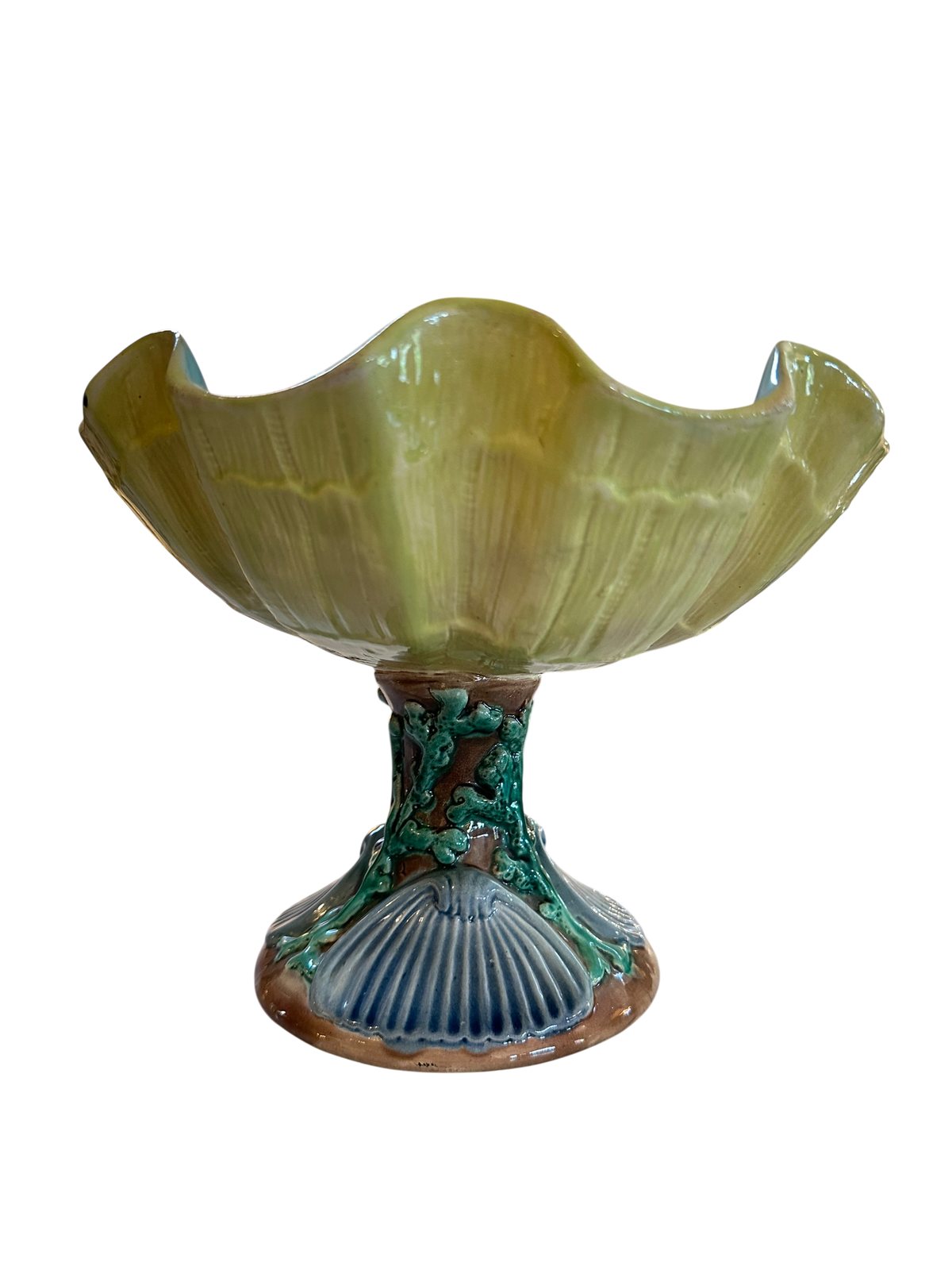 Vintage Majolica Pedestal Shell Compote