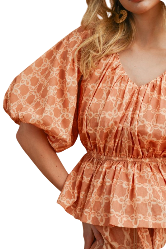 Geometric Short Sleeve Peplum Top