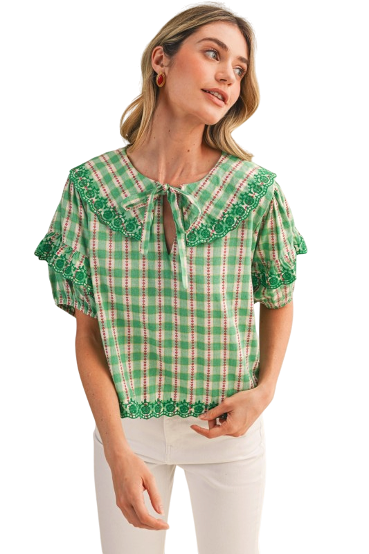 Floral Gingham Collar Top - Green