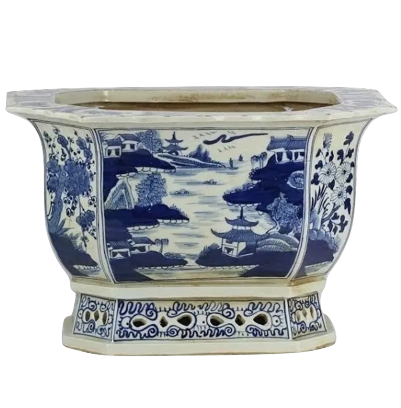 Village Scene Scalloped Pierced Planter