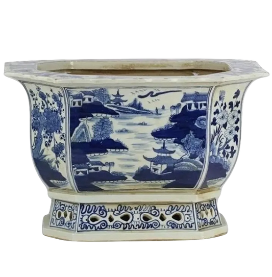 Village Scene Scalloped Pierced Planter