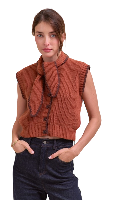 Tie Neck Sweater Vest in Caramel/Brown